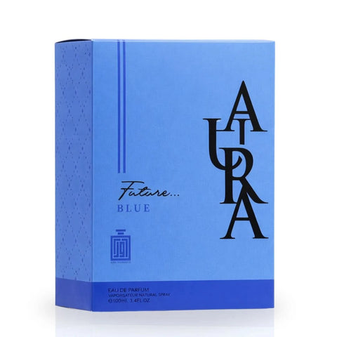 Aura Fragrances Future Blue Eau De Parfum spray 100ml bottle, sleek design, showcasing the elegant perfume packaging.