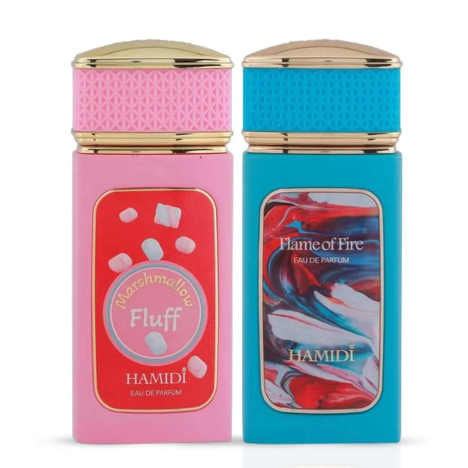 Hamidi Flame of Fire & Marshmallow Fluff Eau De Parfum bundle featuring two 100ml spray bottles with fiery and sweet scent designs