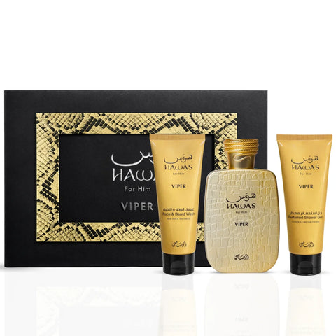 Hawas Viper 3-piece perfume gift set by Rasasi featuring three elegant perfume bottles in stylish packaging.