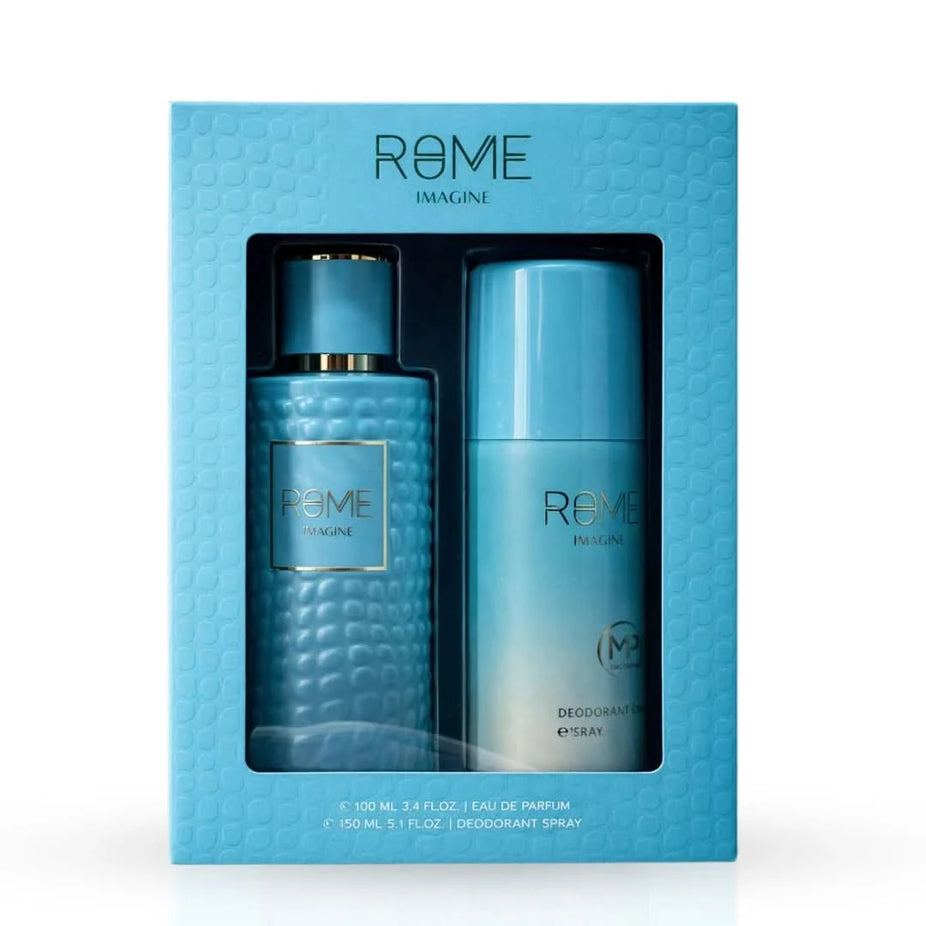 Rome Imagine by Mast Perfume 2-piece fragrance gift set with bottles and packaging, showcasing elegant design and branding.