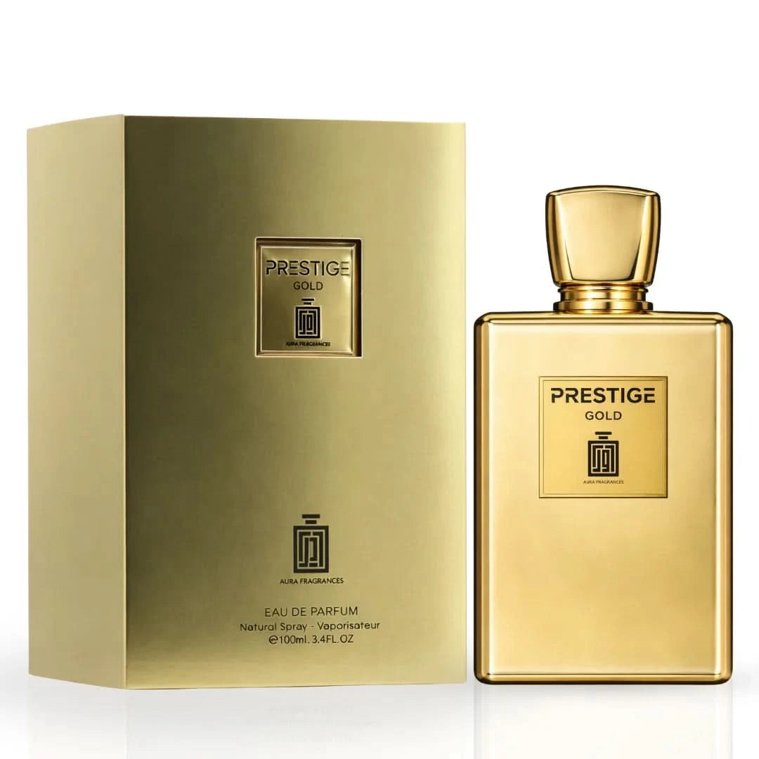 Aura Fragrances Prestige Gold Eau De Parfum spray bottle, 100ml, with elegant gold packaging and sleek design.