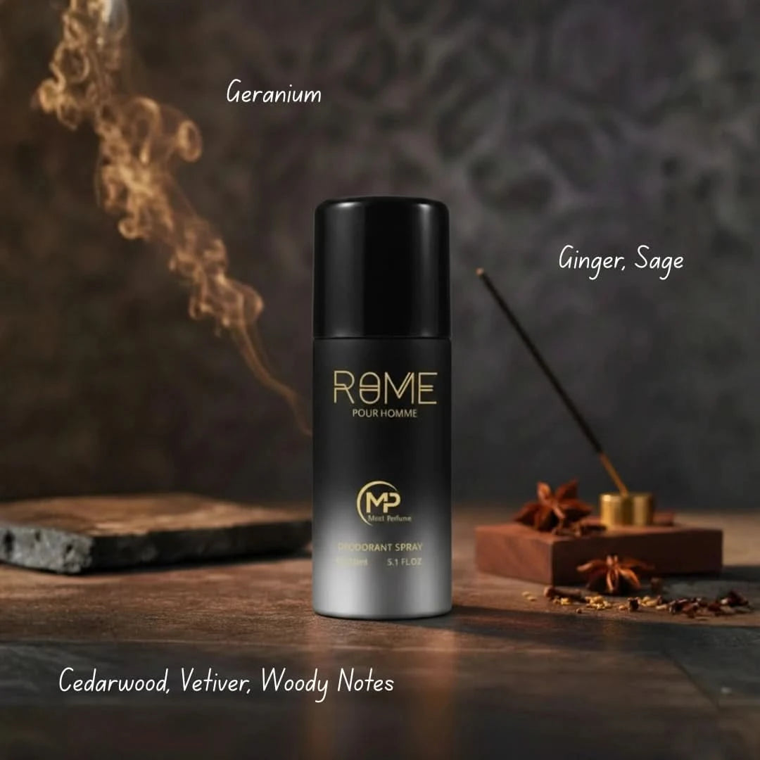 Rome Pour Homme Mast Perfume 2-piece gift set with bottles of fragrance and packaging, showcasing elegant design and branding.
