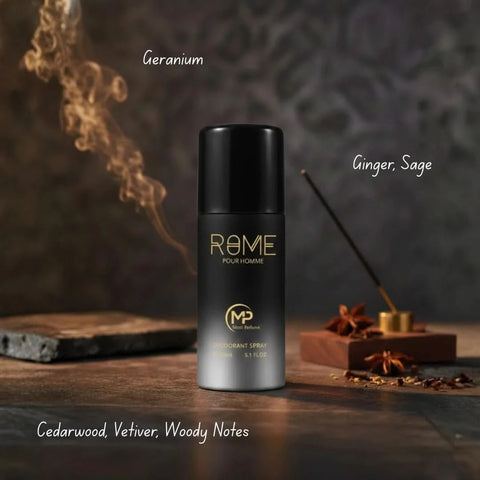 Rome Pour Homme Mast Perfume 2-piece gift set with bottles of fragrance and packaging, showcasing elegant design and branding.