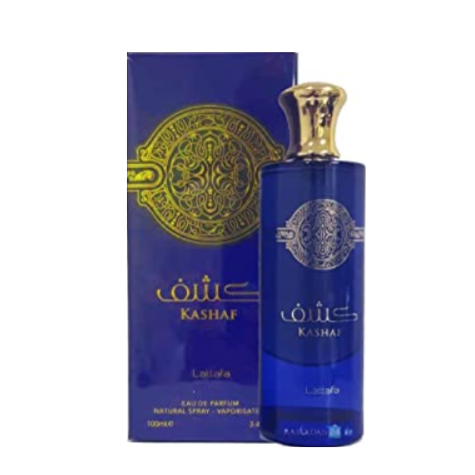 Lattafa Kashaf EDP unisex perfume bottle, 100ML (3.4 oz), elegant design with a sleek, modern look for both men and women.