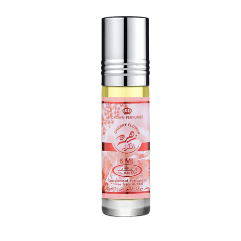 Cherry Flower 6ML concentrated perfume oil by Al Rehab in a clear glass bottle with cherry blossom design and floral accents.