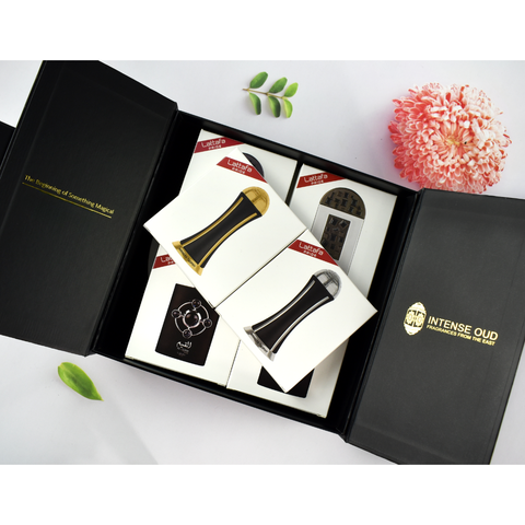 Lattafa Pride Discovery Pack of 6 Eau De Parfum travel sprays in a magnetic gift box, featuring 20ml bottles of Lattafa Pride fragrances.