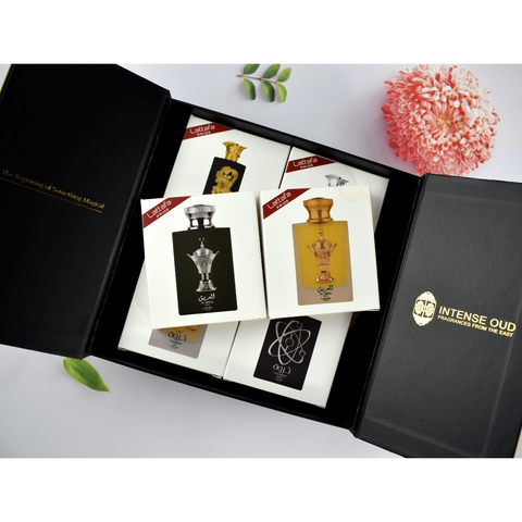 Lattafa Pride Discovery Pack of 6 Eau De Parfum travel sprays, 20ml each, with magnetic gift box.