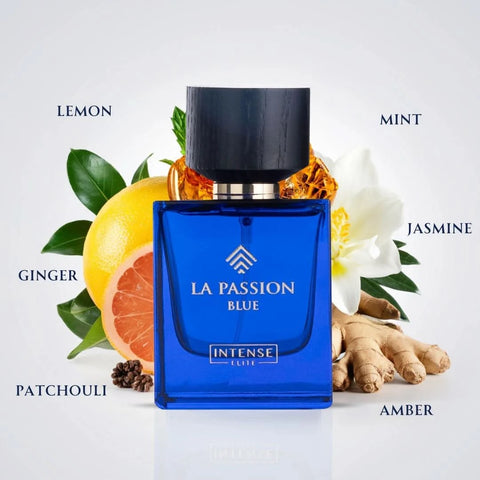 Intense Elite La Passion Blue for Men Eau De Parfum spray in 100ml bottle, displayed with velvet pouch.