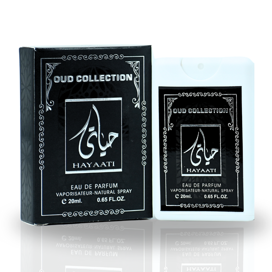 Sample image of Ard Al Zaafaran Hayaati Eau de Parfum spray 20ml bottle, showcasing the elegant packaging and perfume design.