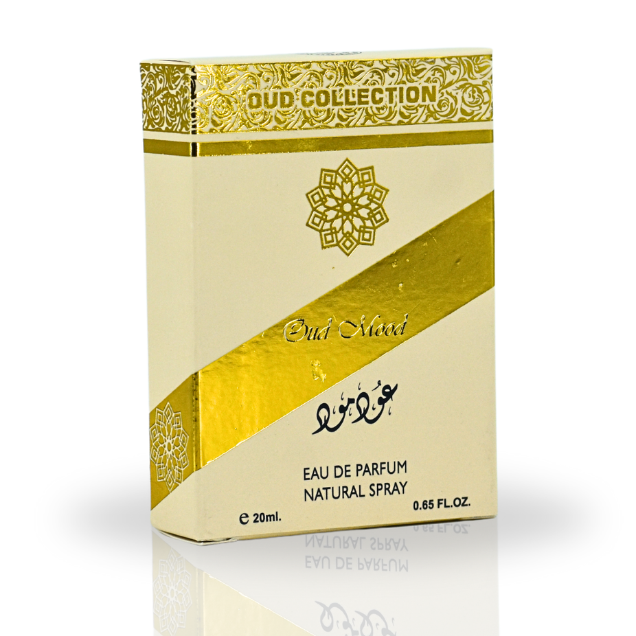 Sample Oud Mood Eau de Parfum spray by Ard Al Zaafaran, 20ml bottle, featuring rich, warm oud fragrance in a sleek design.