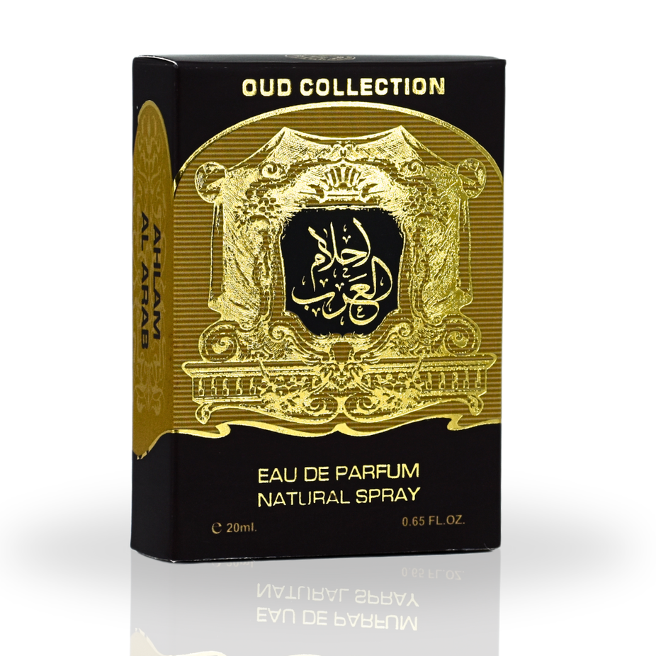 Miniature sample of Ard Al Zaafaran Ahlam Al Arab EDP spray, 20ml, featuring floral and oriental fragrance notes.