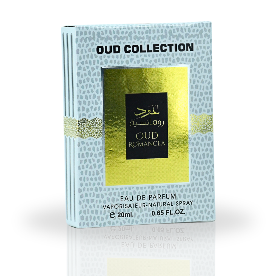 Sample of Oud Romancea EDP spray by Ard Al Zaafaran in 20ml miniature, showcasing the elegant fragrance bottle.