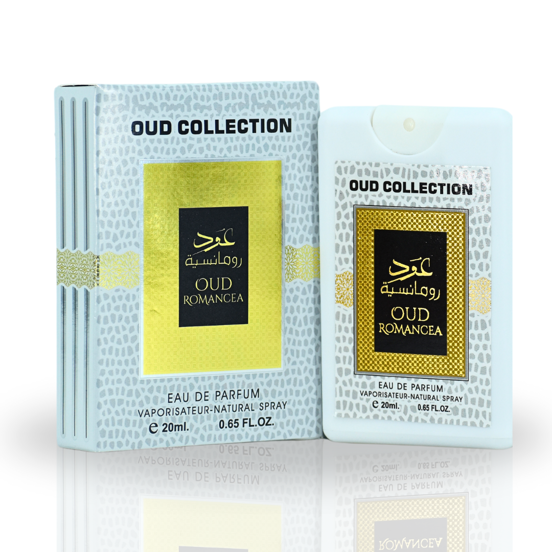Sample of Ard Al Zaafaran Oud Collection Oud Romancea EDP spray, 20ml miniature fragrance bottle showing the perfume design.