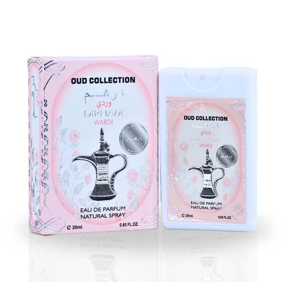 Sample of Ard Al Zaafaran Oud Collection Dirham Wardi EDP spray in 20ml miniature perfume bottle.