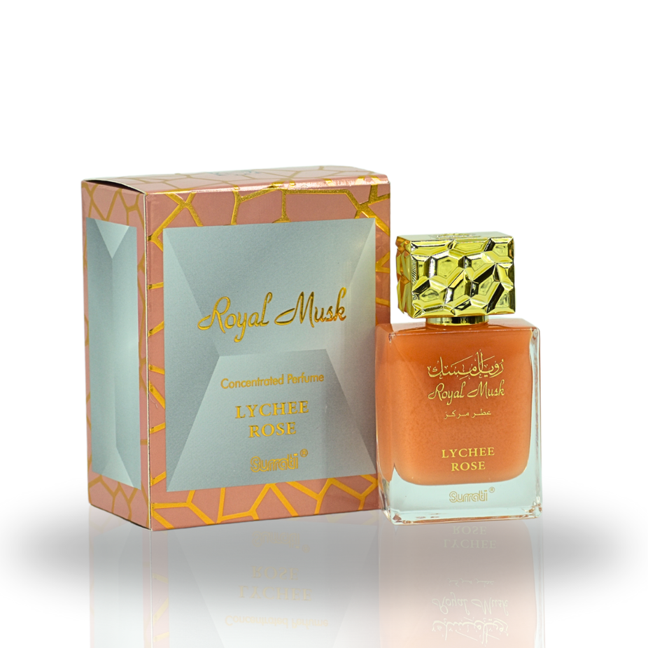 Surrati Royal Musk Lychee Rose CPO concentrated perfume oil bottle with elegant packaging, for men and women.