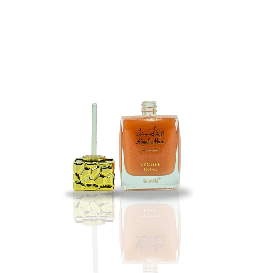 Surrati Royal Musk Lychee Rose CPO 30ML perfume oil bottle with elegant packaging, showcasing luxurious floral and musk scent.