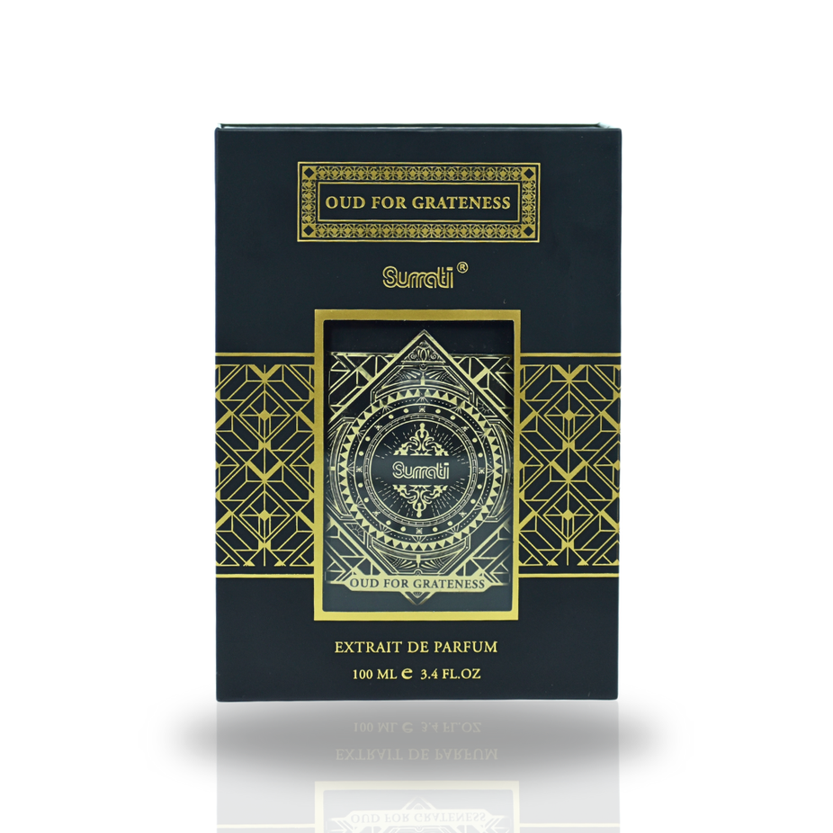 Surrati Oud For Grateness EDP 100ML bottle, luxurious exotic fragrance for men and women with elegant packaging.