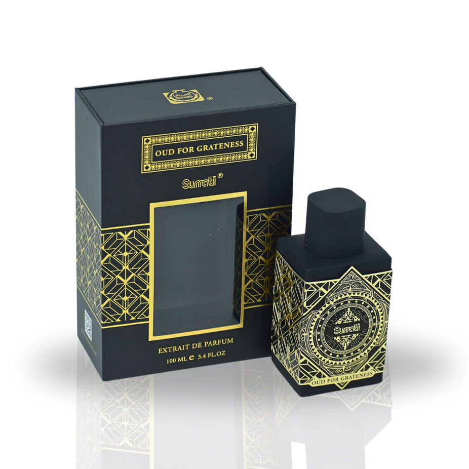 Surrati Oud For Grateness EDP 100ml bottle with elegant packaging, an exotic fragrance for men and women.