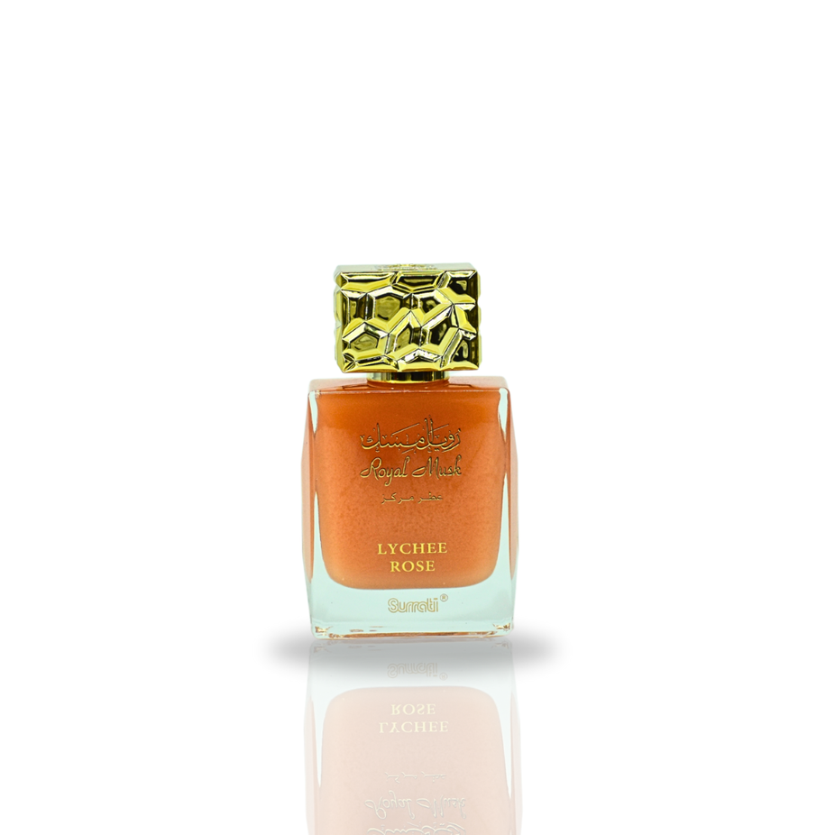Surrati Royal Musk Lychee Rose CPO concentrated perfume oil bottle with elegant packaging for men and women.