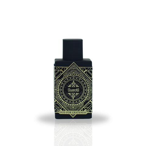 Surrati Oud For Grateness EDP 100ml bottle, exotic fragrance for men and women, elegant glass container with gold accents.