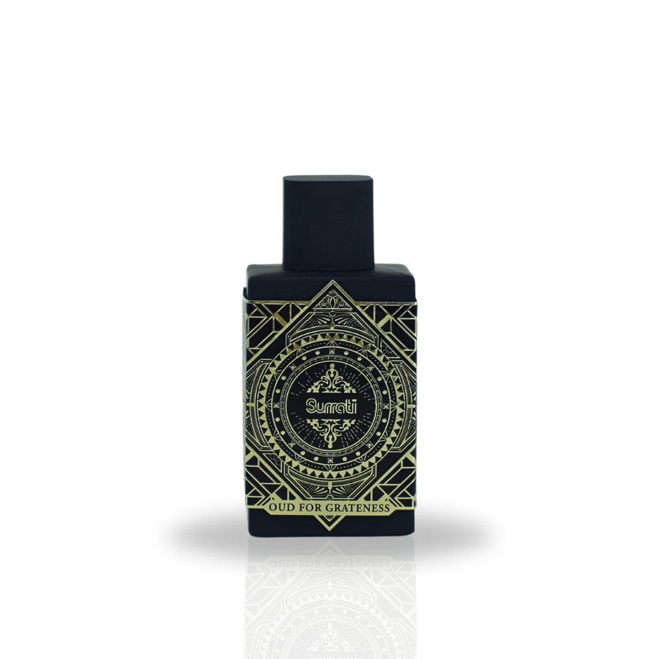 Surrati Oud For Grateness EDP 100ml glass bottle with elegant packaging, showcasing its exotic fragrance for men and women.