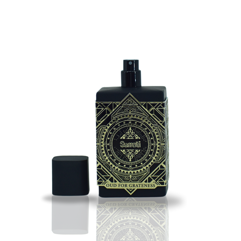Surrati Oud For Grateness EDP 100ML bottle, exotic fragrance for men and women, elegant glass packaging with gold accents