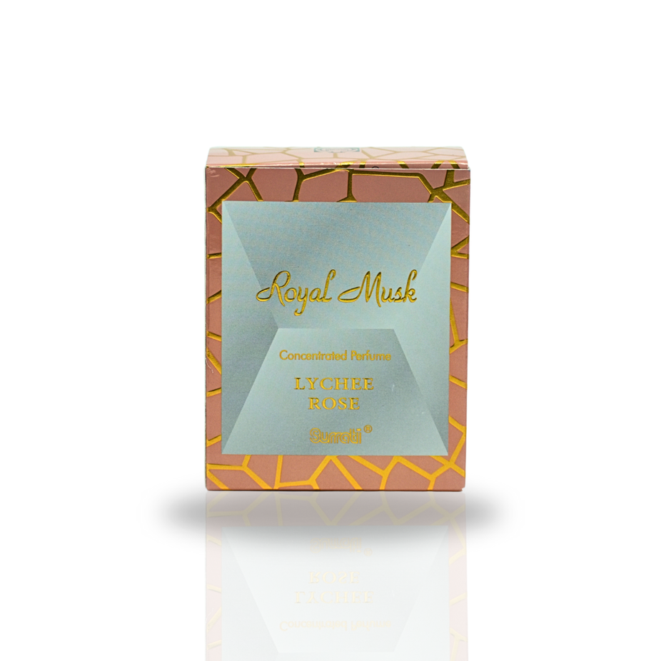 Surrati Royal Musk Lychee Rose CPO concentrated perfume oil bottle with elegant packaging and floral design.