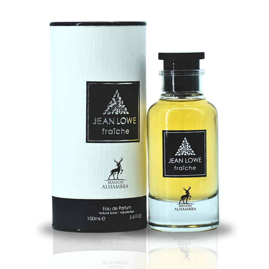 Maison Alhambra Jean Lowe Fraiche Noir Eau de Parfum spray 100ml bottle, sleek black design with elegant branding.