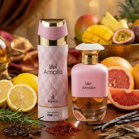 RISALA Amalia Eau De Parfum spray and perfumed body spray bundle, 100ml and 200ml bottles, elegant fragrance packaging