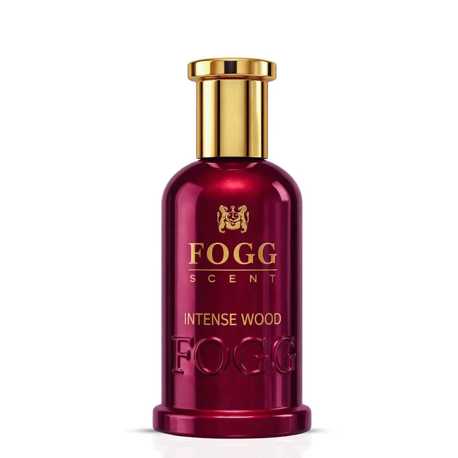 Fogg Intense Wood Eau de Parfum spray bottle, 100ml, with sleek black packaging and a modern design.