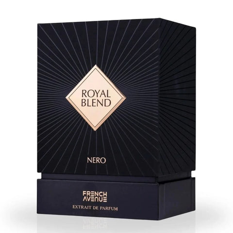 French Avenue Royal Blend Nero Extrait de Parfum Spray 100ml, elegant black bottle with gold accents, luxurious fragrance presentation