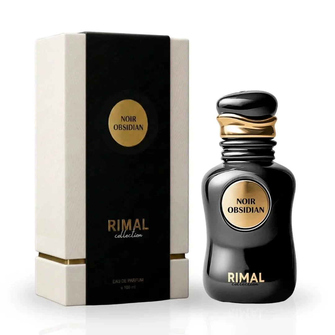 Rimal Collection Noir Obsidian Eau de Parfum spray bottle, 100ml, featuring a sleek black design with elegant branding.