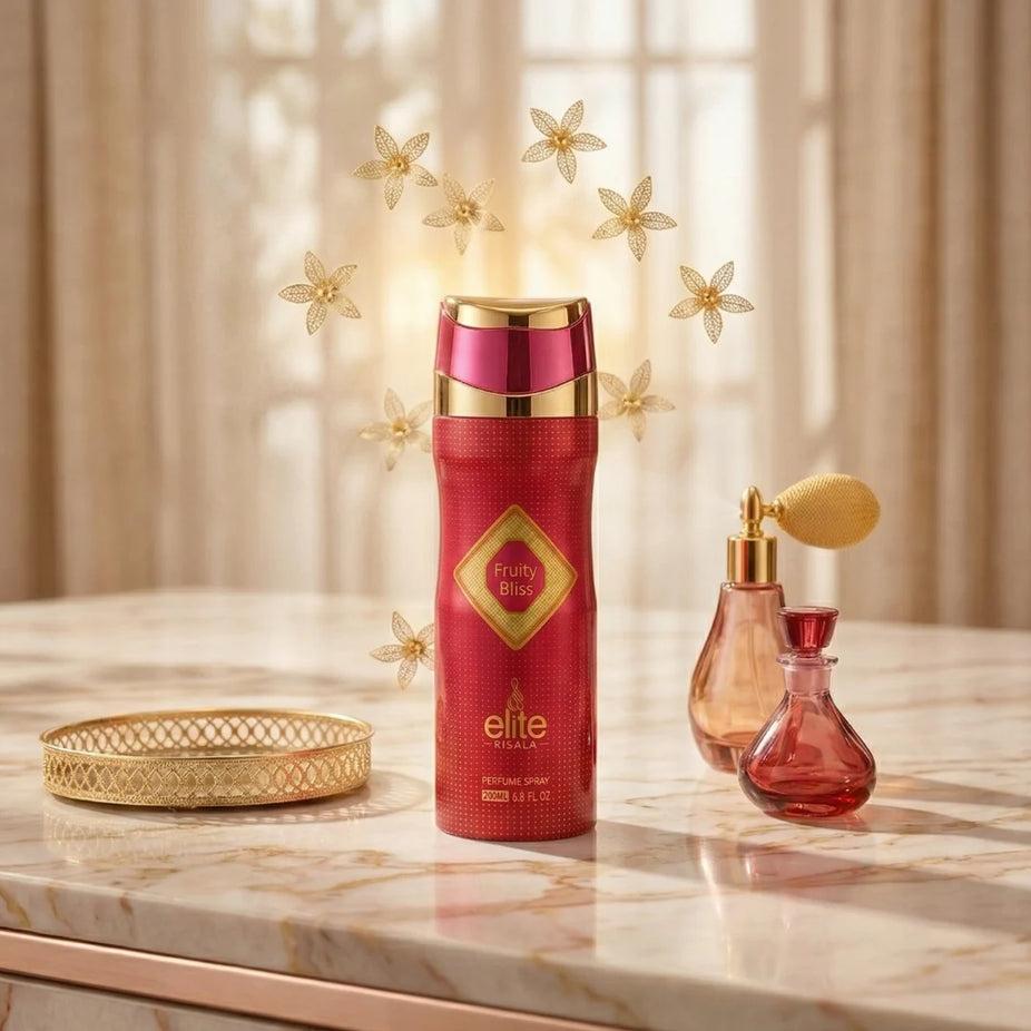Fruity Bliss Perfumed Body Spray by Elite Risala, 200ml deodorant bottle with colorful floral design.