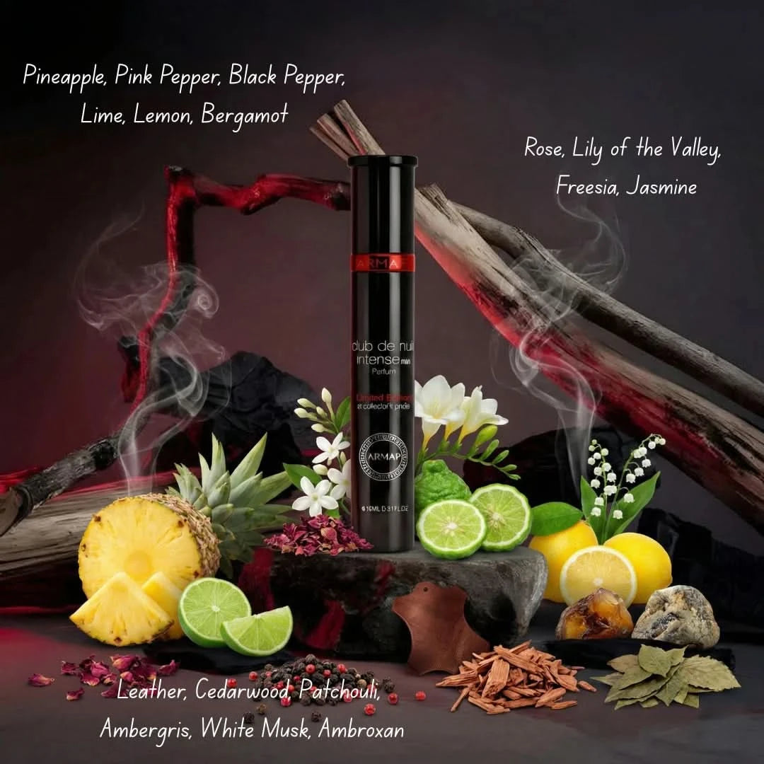 Armaf Club De Nuit Limited Edition Eau de Parfum spray 10ml, sleek bottle with dark and metallic design, compact and stylish.