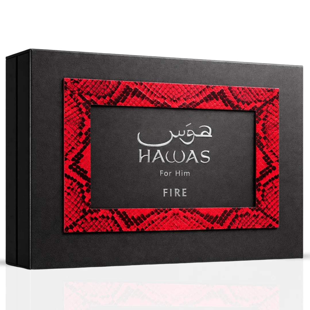 Hawas Fire 3-piece perfume gift set by Rasasi with three elegant bottles of fragrance in decorative packaging.