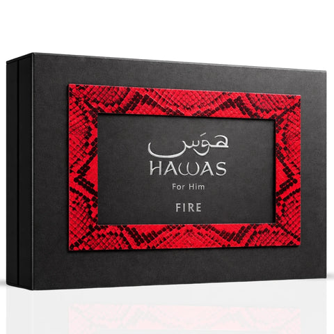 Hawas Fire 3-piece perfume gift set by Rasasi with three elegant bottles of fragrance in decorative packaging.