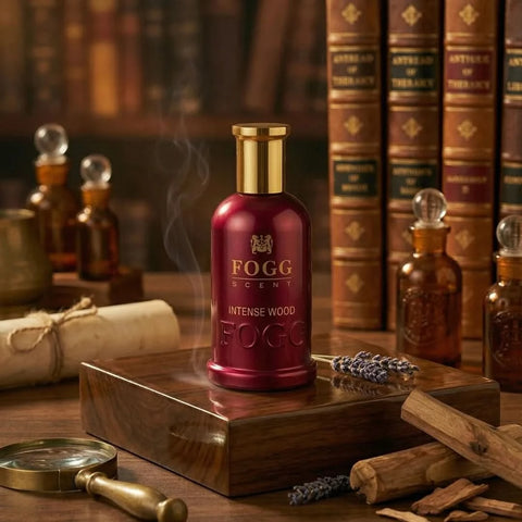 Fogg Intense Wood Eau de Parfum spray for men, 100ml bottle, featuring dark, woody fragrance with sleek design.