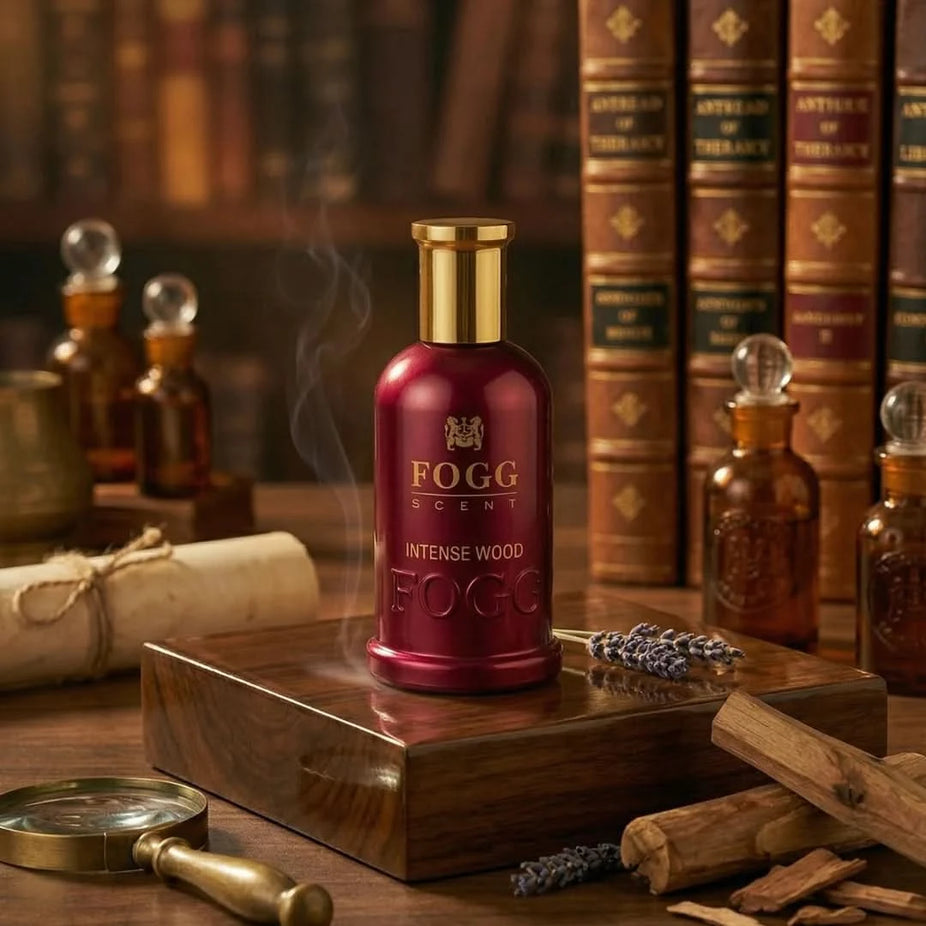 Fogg Intense Wood Eau de Parfum spray for men, 100ml bottle with sleek packaging and wood-inspired design.