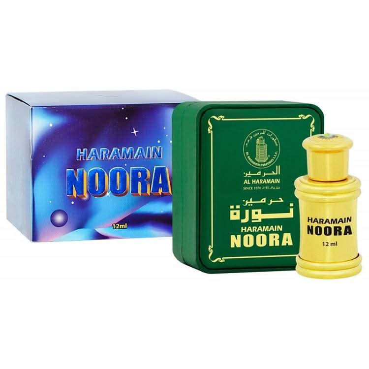 Noora Perfume Oil by Al Haramain shown in a 12ml bottle, featuring elegant packaging for concentrated perfume oil.
