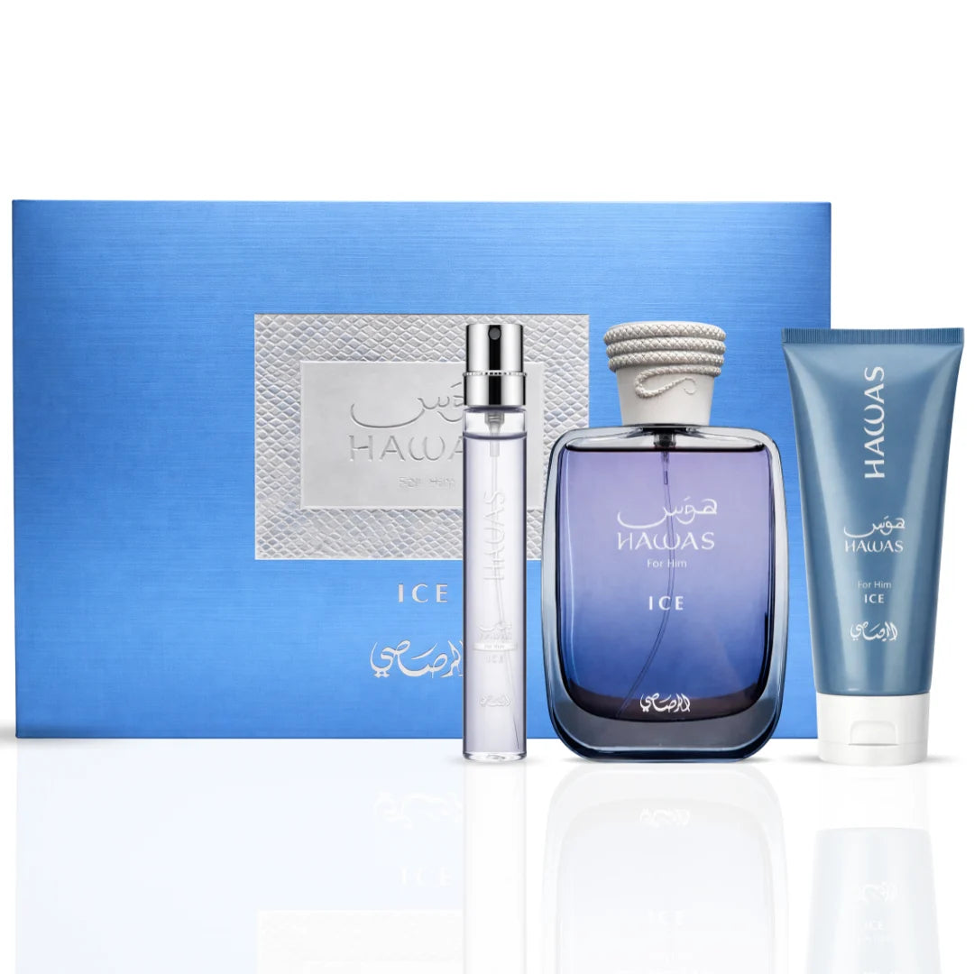Rasasi Hawas Ice 3-piece perfume gift set including bottles with sleek designs and matching packaging, ideal for gifting or personal use.