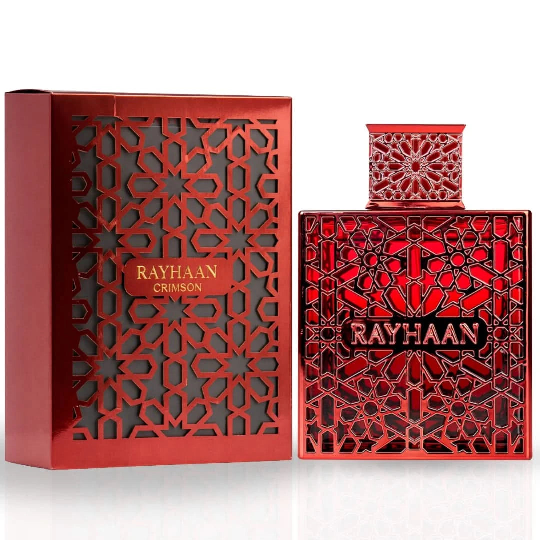 Rayhaan Crimson Eau de Parfum spray bottle, 100ml, featuring elegant packaging and deep red accents.