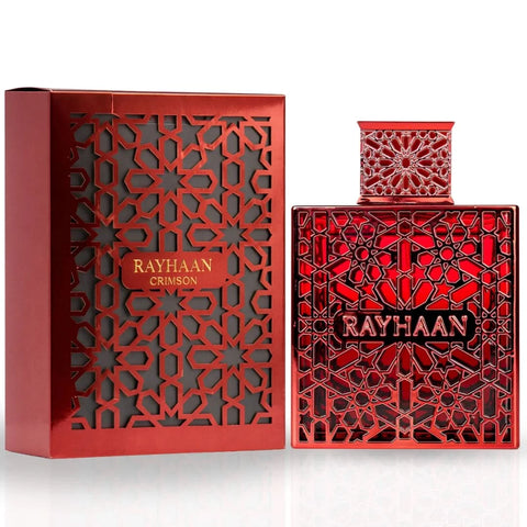 Rayhaan Crimson Eau de Parfum spray bottle, 100ml, featuring elegant packaging and deep red accents.