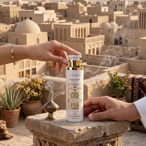 Lattafa Bade’e Al Oud Honor & Glory air freshener in 300ml spray bottle, with elegant packaging and floral scent details.