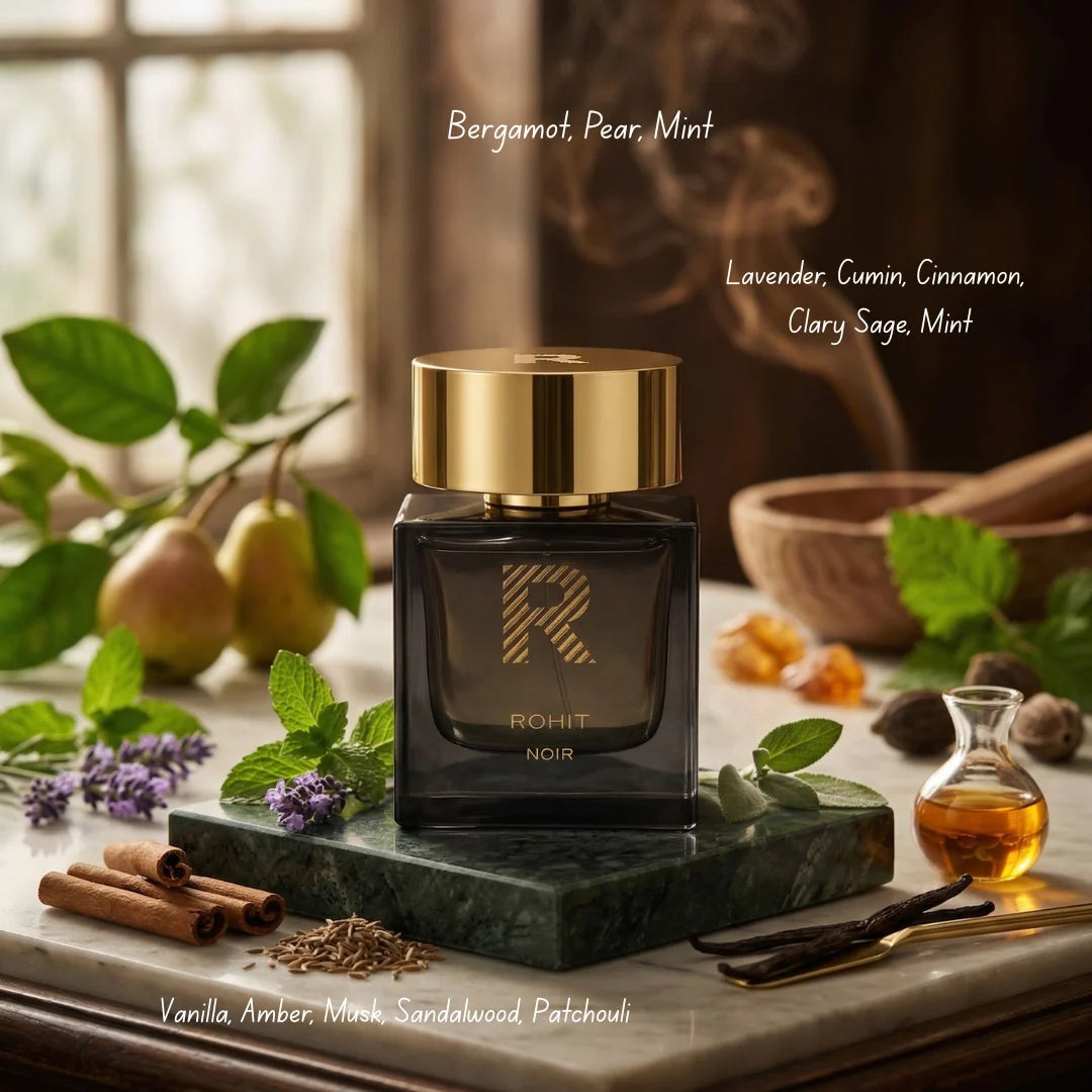 Rohit Noir Eau de Parfum spray by Bharara, 100ml bottle, sleek black design with elegant packaging.