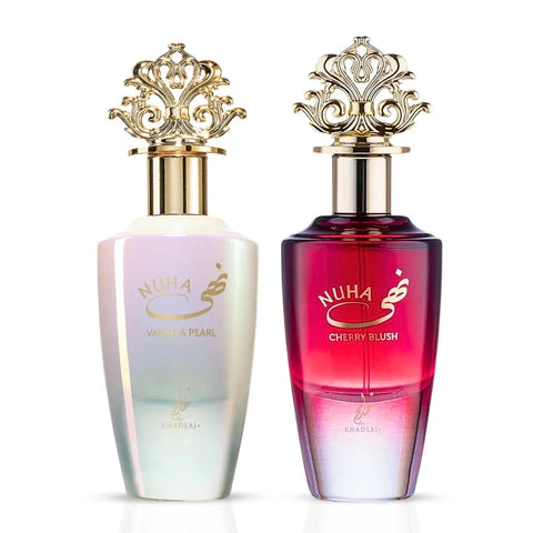 Khadlaj Nuha Cherry Blush and Vanilla Pearl Eau de Parfum spray bundle, 85ml, featuring elegant floral and fruity fragrances.
