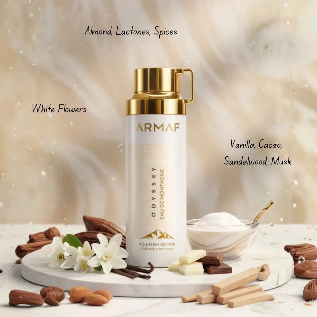 Odyssey Eau de Montagne Armaf perfumed body spray 200ml bottle with mountain-inspired design and sleek packaging.