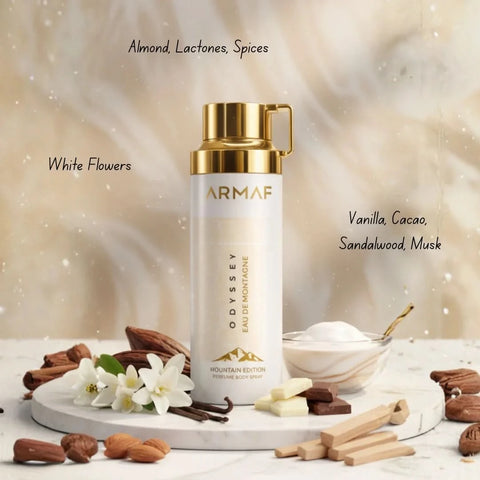 Odyssey Eau de Montagne Armaf perfumed body spray 200ml bottle with mountain-inspired design and sleek packaging.