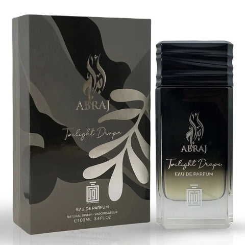 Aura Fragrances Abraj Twilight Drape Eau De Parfum spray in 100ml bottle, featuring elegant packaging and deep, floral scent.