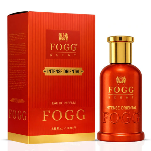 Fogg Intense Oriental Eau de Parfum spray for men featuring aromatic oud, wood, and amber notes in a 100ml bottle.