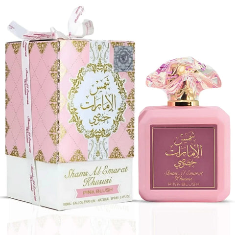 Pink Blush Shams Al Emarat perfume bundle by Ard Al Zaafaran, featuring 100ml spray and 10ml roll-on perfume oil.